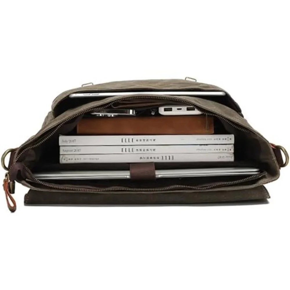 Men's Vintage Leather Messenger Bag 15.6 inch Laptop Briefcase, Waxed Canvas
